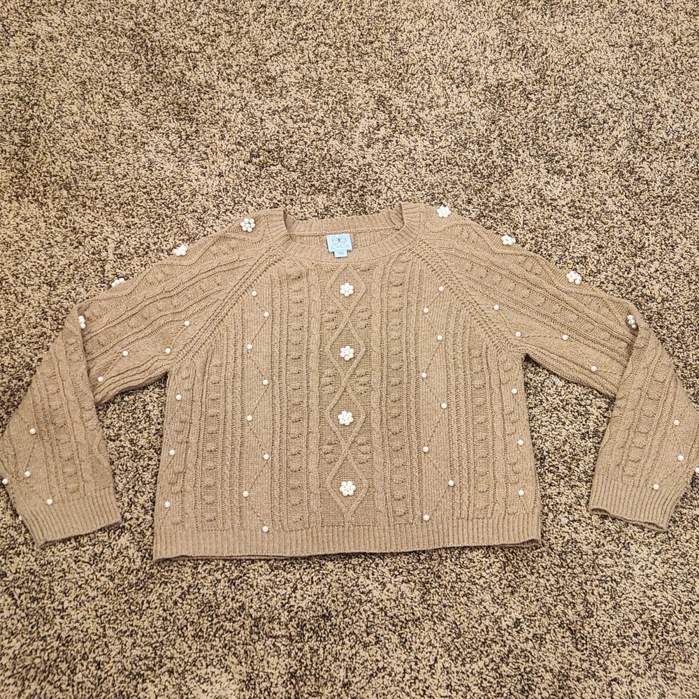 CeCe Women's Brown Cable-Knit Pearl Crewneck Pullover Sweater L Poly Wool Blend